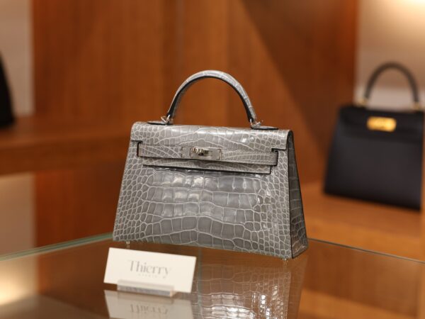 Mini Kelly Shiny Alligator Gris Ciment PHW