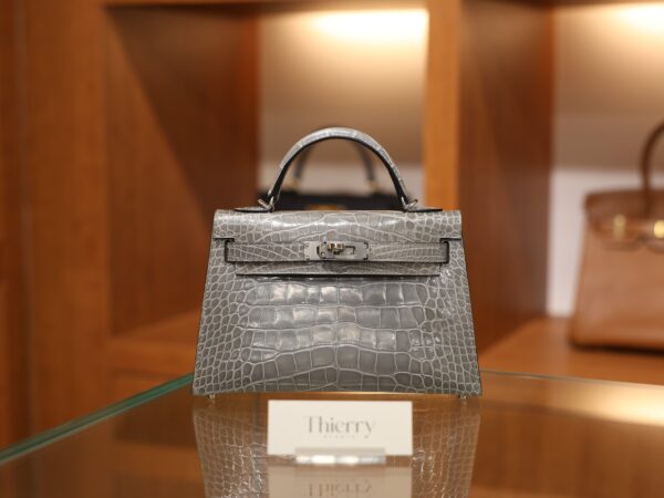 Mini Kelly Shiny Alligator Gris Ciment PHW