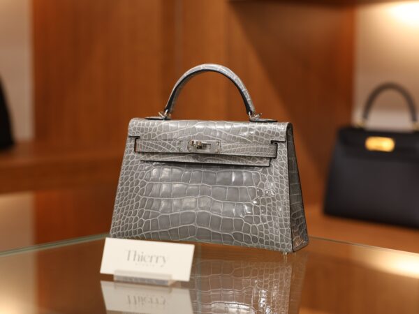 Mini Kelly Shiny Alligator Gris Ciment PHW