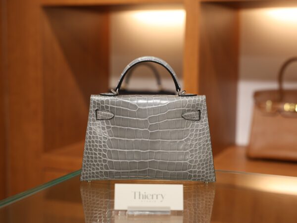 Mini Kelly Shiny Alligator Gris Ciment PHW