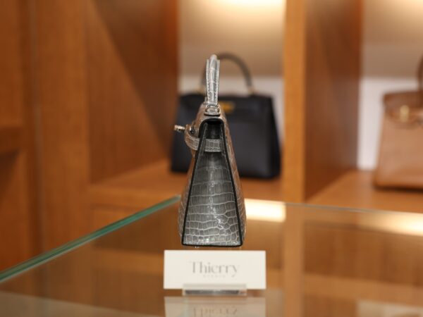 Mini Kelly Shiny Alligator Gris Ciment PHW