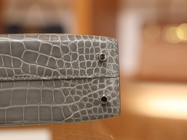 Mini Kelly Shiny Alligator Gris Ciment PHW