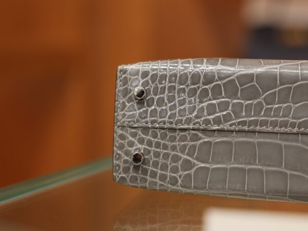 Mini Kelly Shiny Alligator Gris Ciment PHW