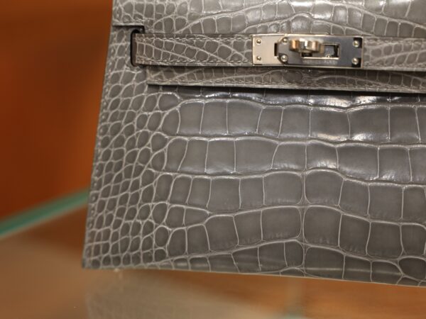 Mini Kelly Shiny Alligator Gris Ciment PHW