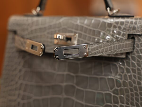 Mini Kelly Shiny Alligator Gris Ciment PHW