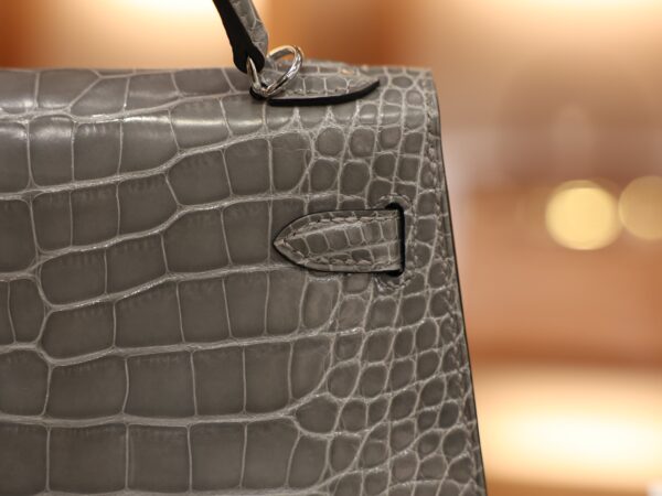 Mini Kelly Shiny Alligator Gris Ciment PHW
