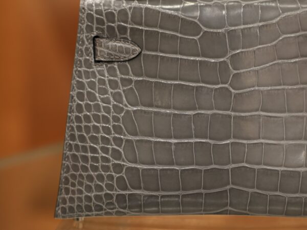 Mini Kelly Shiny Alligator Gris Ciment PHW