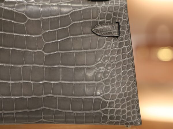 Mini Kelly Shiny Alligator Gris Ciment PHW