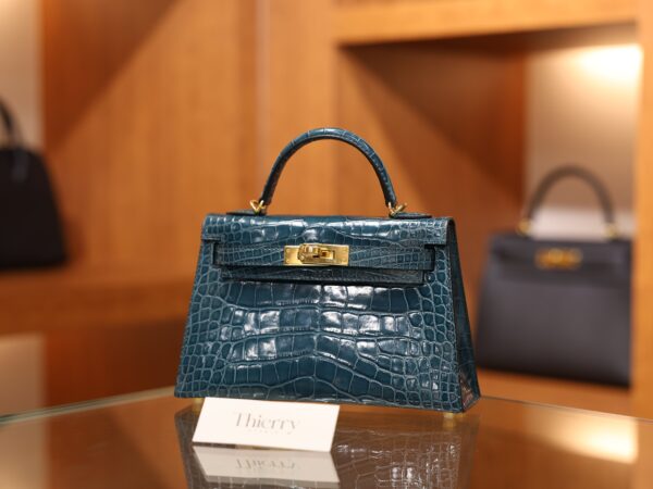 Mini Kelly Shiny Alligator Vert Bosphore GHW