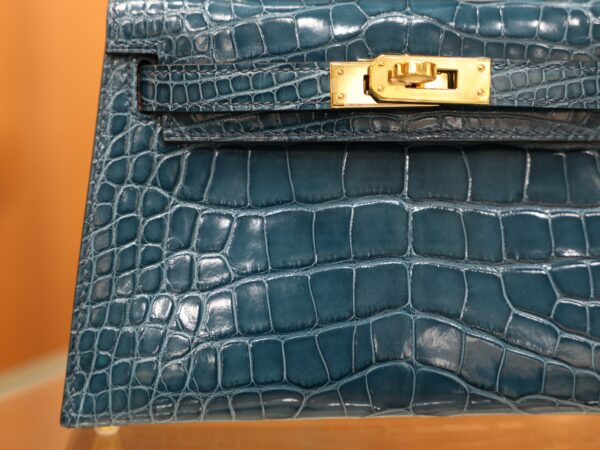 Mini Kelly Shiny Alligator Vert Bosphore GHW