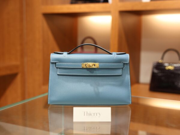 Kelly Pochette Swift Bleu Jean GHW