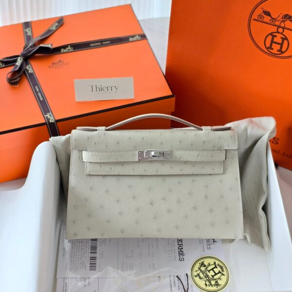 Kelly Pochette Ostrich Gris Perle PHW