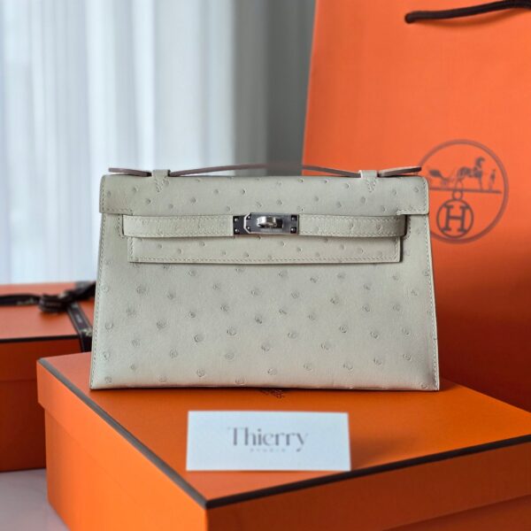 Kelly Pochette Ostrich Gris Perle PHW